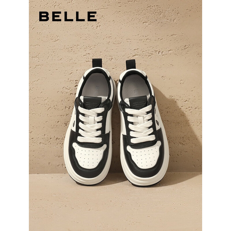 百丽厚底板鞋女2023秋季新款百搭撞色可爱熊猫休闲鞋A3Y1DCM3 黑白 36