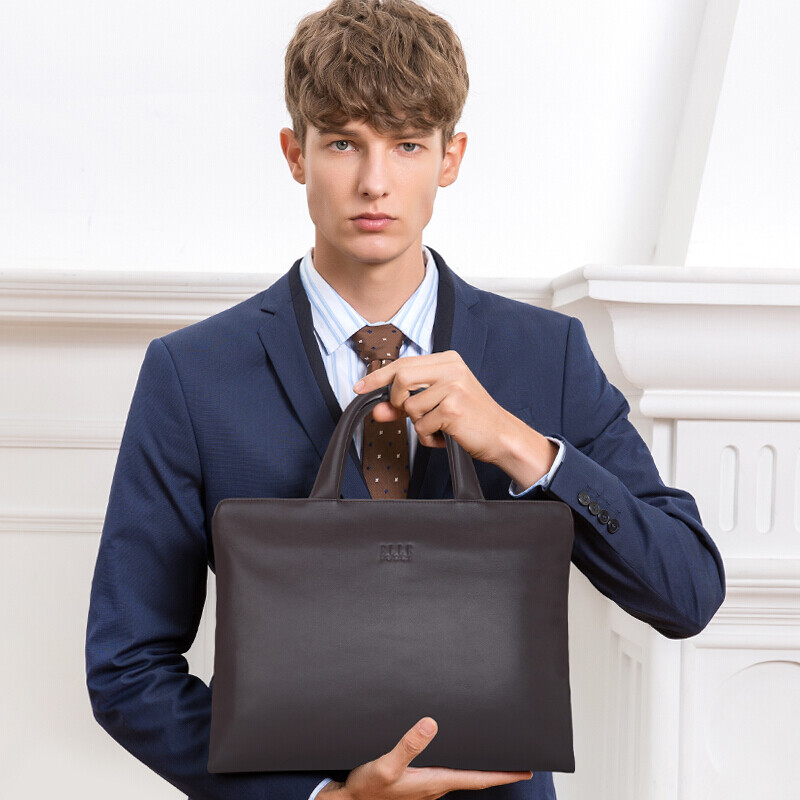 Elle Homme men's business briefcase top leather fashion handbag horizontal large capacity single shoulder bag thin men's bag 262610 coffee
