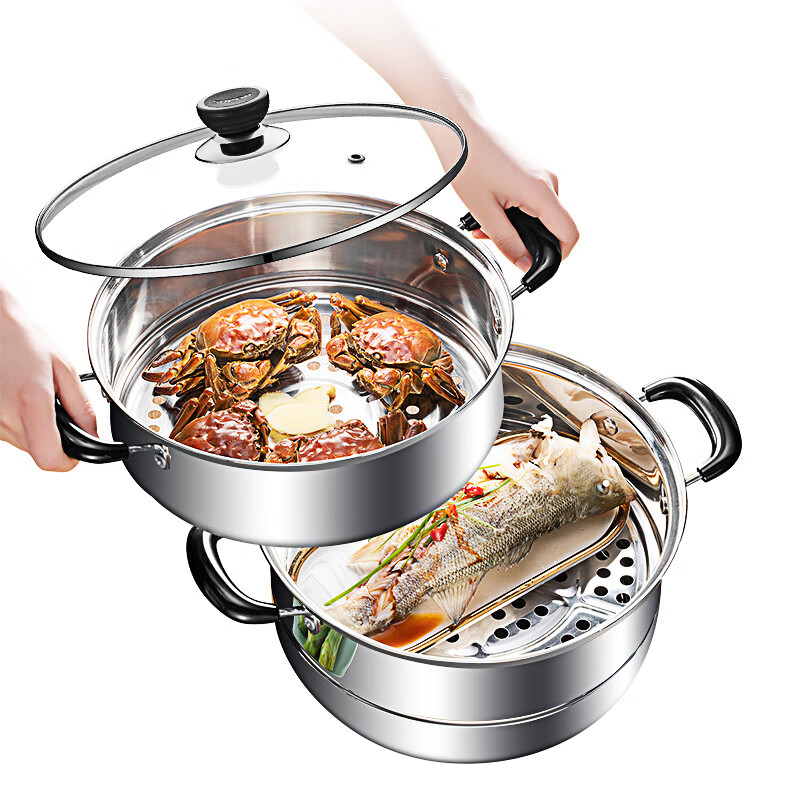 SUPOR steamer really delicious stainless steel double-layer double bottom 28cm fish steamer induction cooker general soup steamer ez28bs05