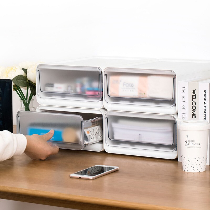 茶花收纳箱抽屉式衣柜内桌面收纳盒自由组合家用塑料整理箱衣服储物箱 大中小三件套【带隔板】