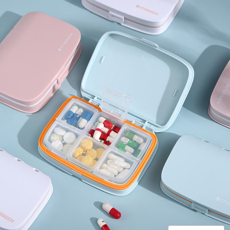 Wutong Anan medicine box with sealed strip portable storage box, one week, separate medicine box, carry storage box 6 grid, free combination large size Tiffany blue.