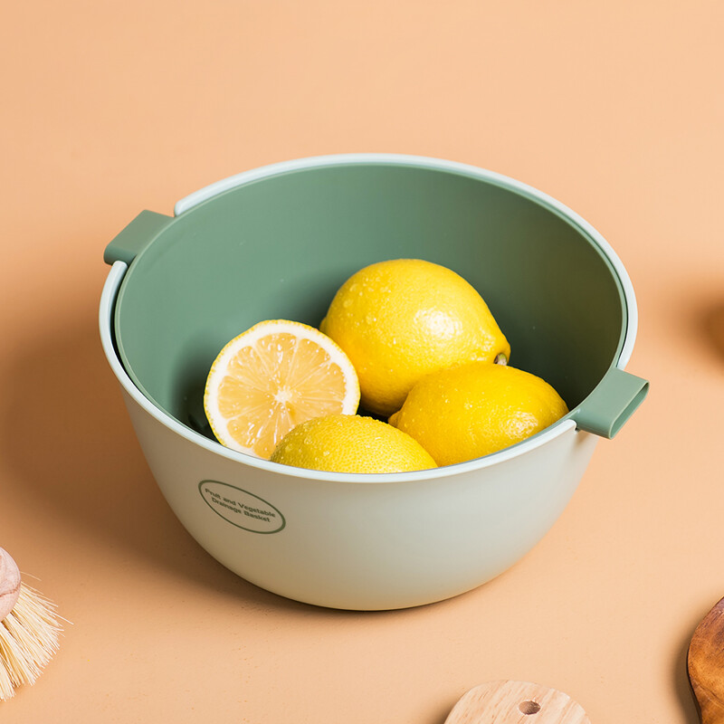 Pinmu double-layer drainage basket vegetable washing basin kitchen water filtering basket large capacity vegetable washing basin household fruit tray vegetable storage basin vegetable washing artifact ins Nordic Light Green aa073