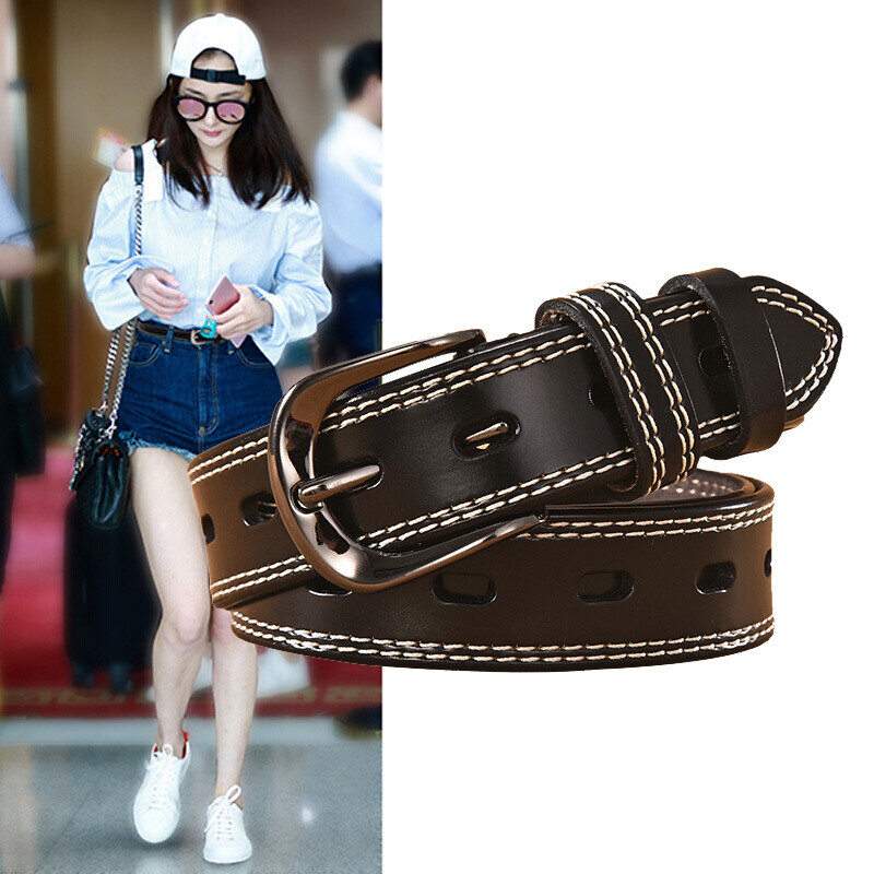 Stiya belt women's Korean version decoration simple and versatile cowhide belt women's fashion needle buckle thin waist trouser belt hole free 891s081004 black