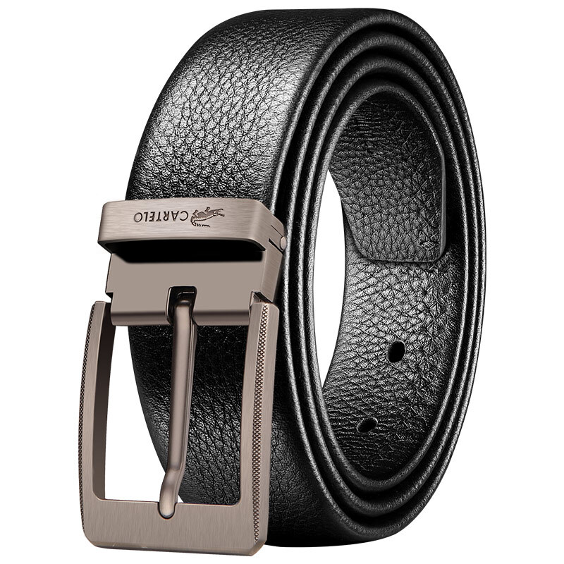 Cartelo crocodile belt men's needle buckle belt men's Cowhide youth leisure first layer cowhide pants belt men's Cowhide black [gift box] 130cm