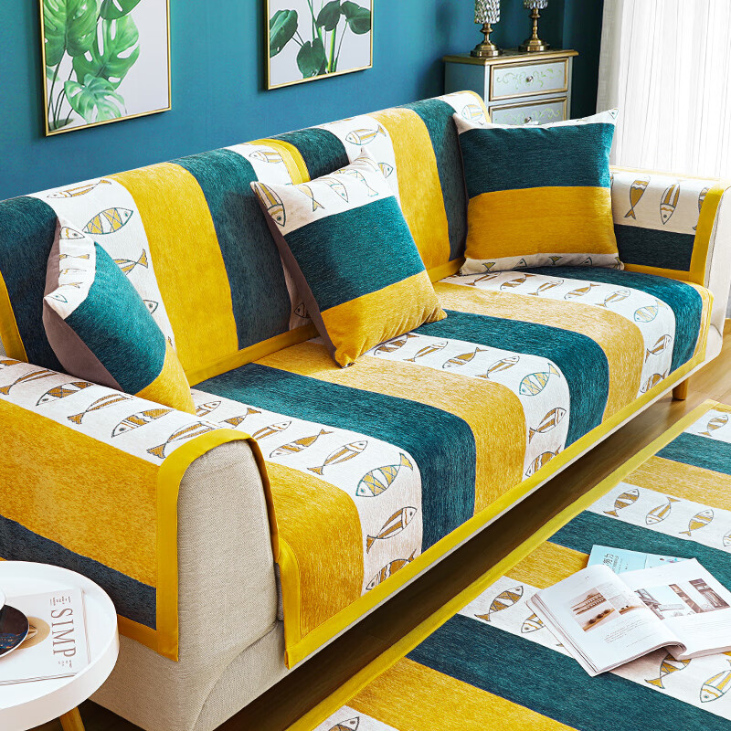 Jiabai sofa cushion Nordic cloth backrest towel four seasons general cloth combination sofa cover cover towel modern simple cushion summer anti-skid breathable sofa cushion Nordic fish 90 * 180