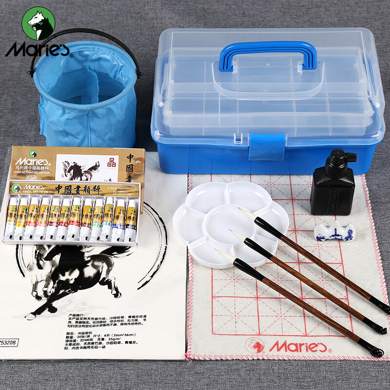 Marie's 12 color 5ml traditional Chinese painting pigment set 8-piece landscape painting tool set including toolbox