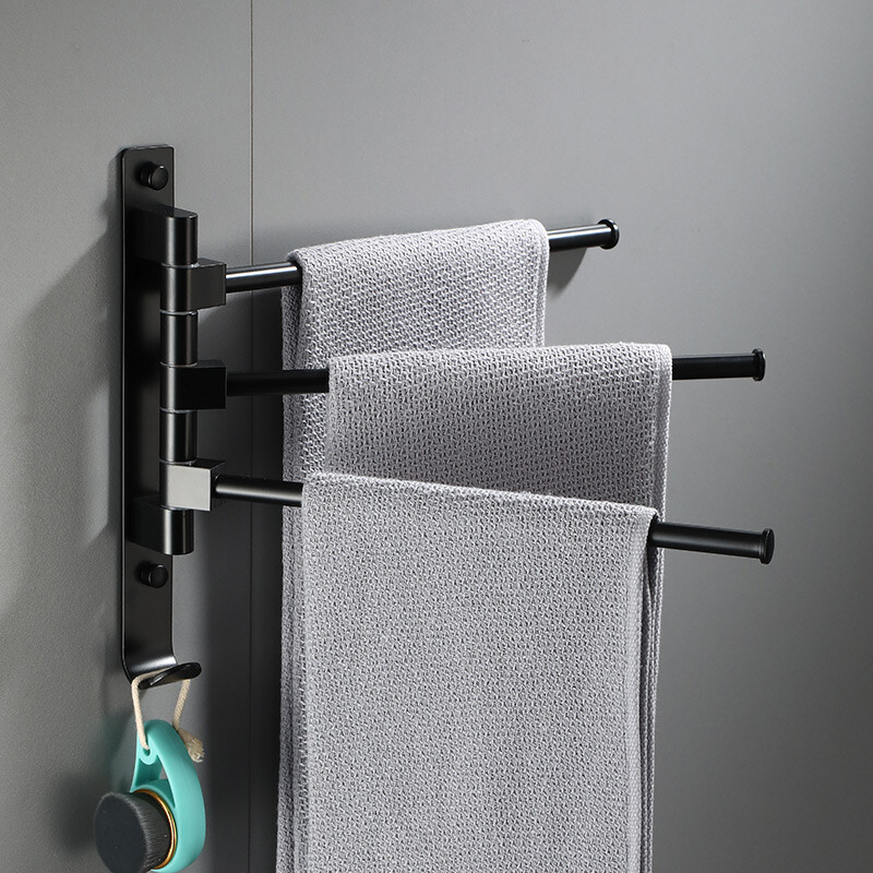 Tiger xiansen rotating towel rack hole free toilet storage rack black space aluminum movable towel rod wall hanging