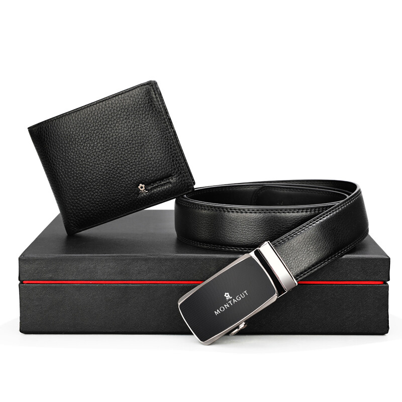 Montagut men's wallet belt gift box set automatic buckle leather belt fashion wallet men's short ml05 black