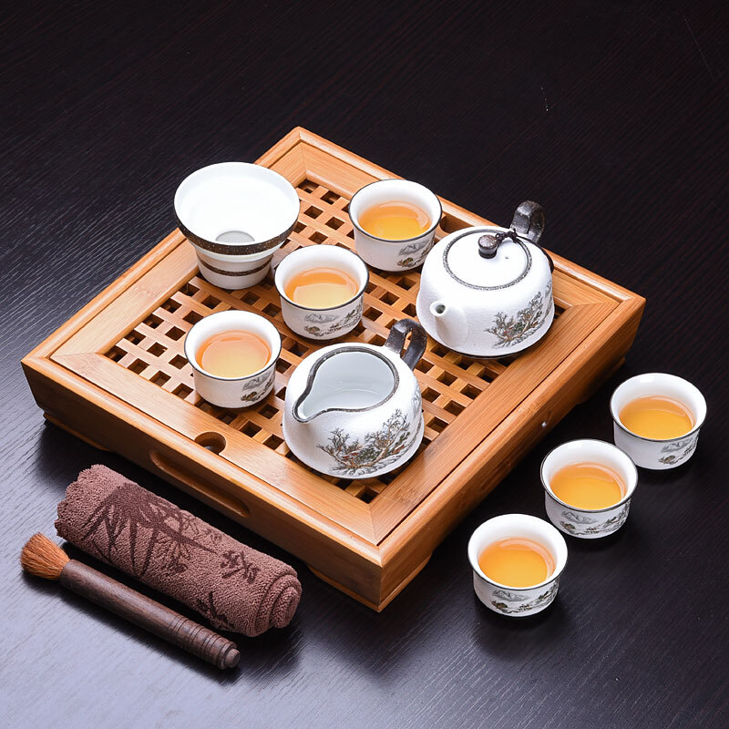 Haofeng complete set of Kungfu ceramic tea set set, household bamboo and wood tea tray, tea ceremony, tea sea, tea table, tea cup set [one heaven and earth + snowflake landscape + no electrical appliances]
