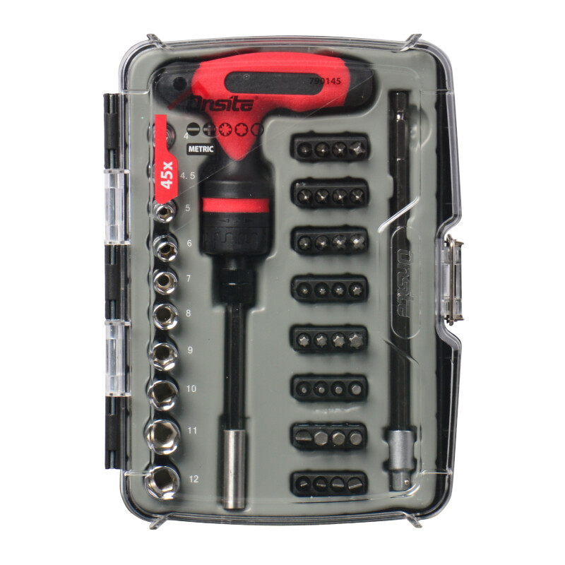 Tactix 790145 45 piece set T-handle ratchet telescopic wrench screwdriver bit socket set