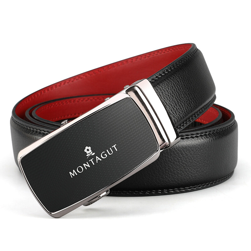 Mengtejiao leather belt men's leather pig year of life red belt men's automatic buckle wedding cow leather pants belt brand high-grade genuine gift box trend new product r743110022a black outside and red inside