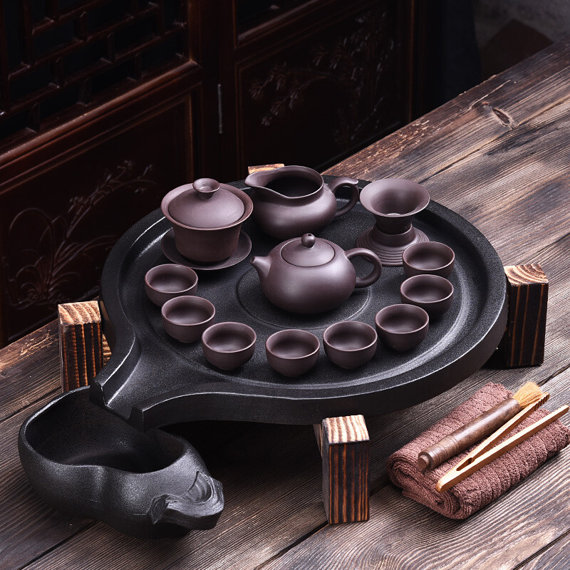 Haofeng complete set of purple sand Kung Fu tea set set household graphite tea tray water storage tray tea tray tea ceremony tea sea tea set [long mouth stone mill + purple sand tea set + no electrical appliances]