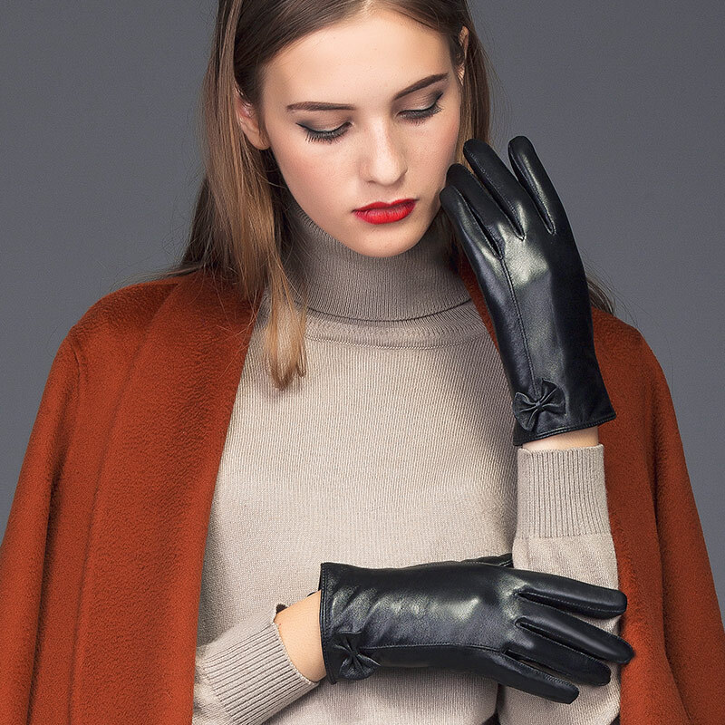 Baishanyite women's Leather Gloves Winter Warm fashion thickened bow women's driving sheepskin gloves W10 black L