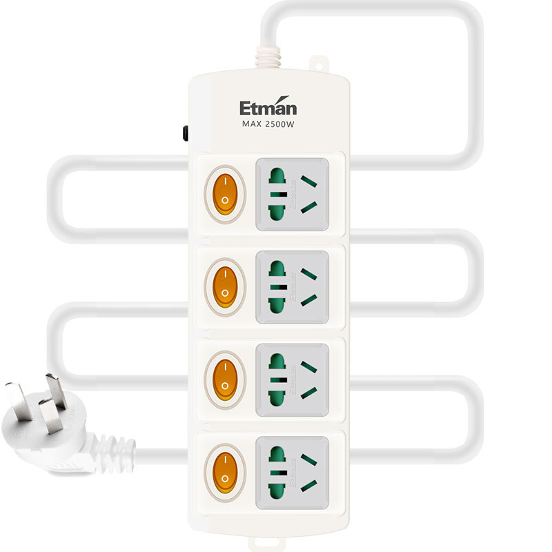 Etman 4-position sub control 2m 4-position independent switch socket overload protection plug-in household terminal block