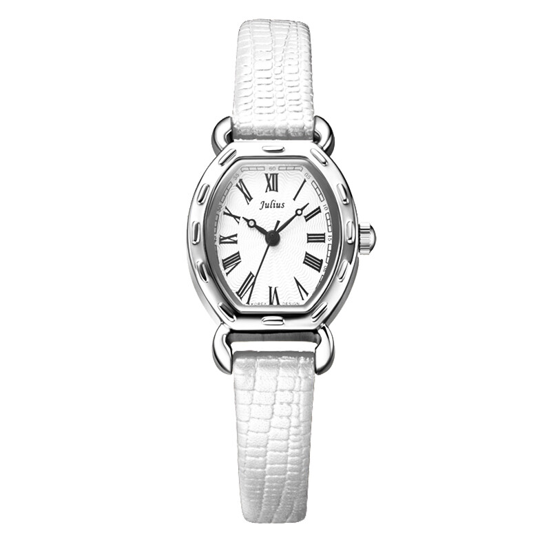 Julius watch compact series Roman scale fashion wine barrel leather strap quartz waterproof women's watch white ja-544a