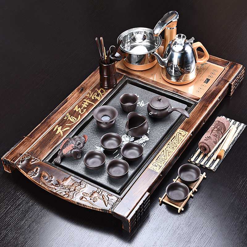Haofeng complete set of purple sand tea set set, household solid wood tea tray, tea sea tea table, teapot with full-automatic four in one induction cooker [lotus fragrance dream + purple sand treasure and + C appliance]
