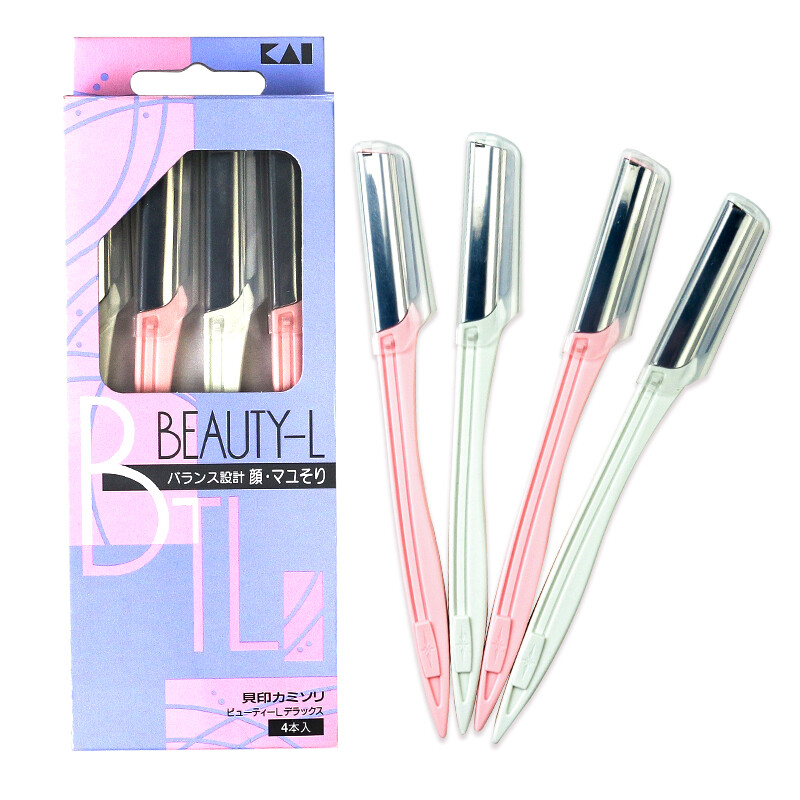 Kai eyebrow trimming knife with long handle 4 sets (sharp and durable eyebrow scraping knife)