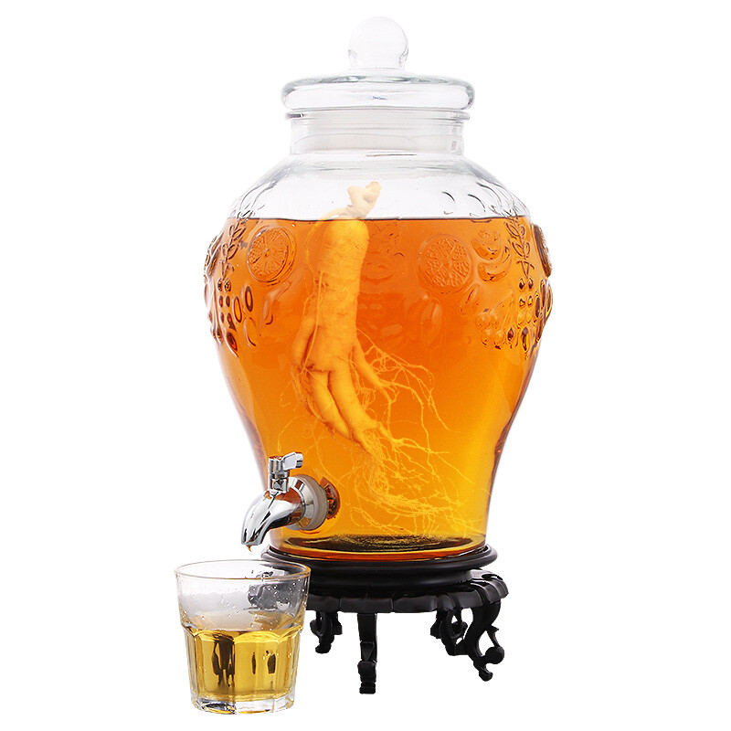 Baijie thickened lead-free glass big belly carved wine bottle bubble wine jar household wine sealed medicinal wine jar wine jar enzyme barrel 10 kg + stainless steel faucet + base
