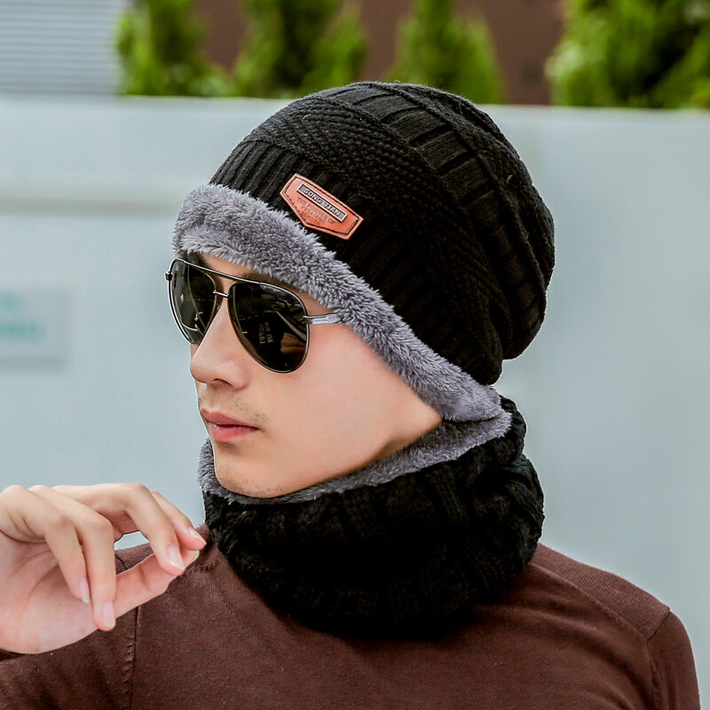 Yuzhaolin hat men's winter warm wool hat Plush Knitted Hat Winter windproof women's bib men's twist cap black