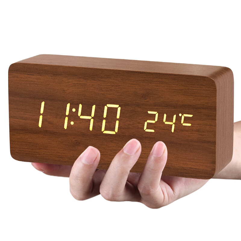 Code Shi alarm clock voice control three groups of alarm creative alarm clock mute temperature electronic luminous living room clock seat clock children's intelligent wood bedside clock 1299-01 black wood white display