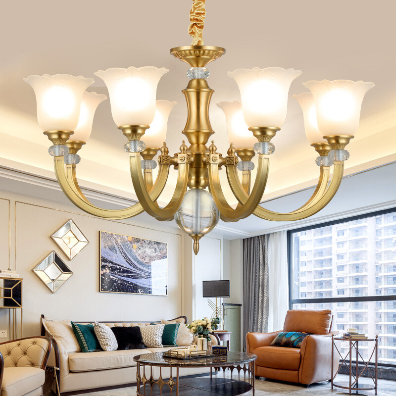 NVC American all copper chandelier European living room lamp dining room lamp bedroom lamp atmosphere luxury villa retro hall lamp lighting 8 heads without light source