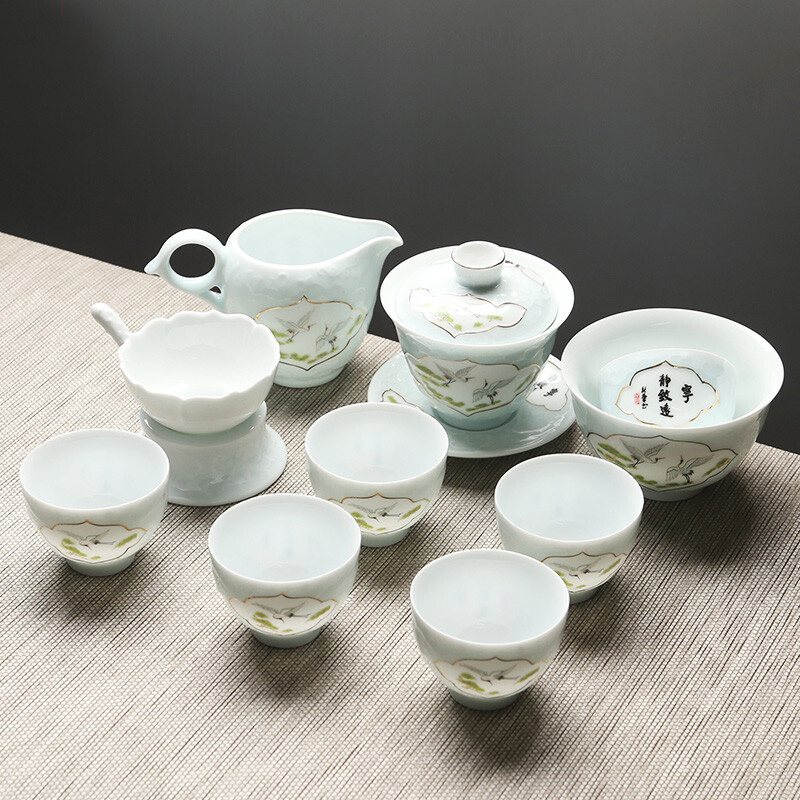 Sushi ceramics tea set set set hand painted gold shadow green tranquility Zhiyuan with small cup tea wash with gift box boutique ceramic tea set set (cover bowl)