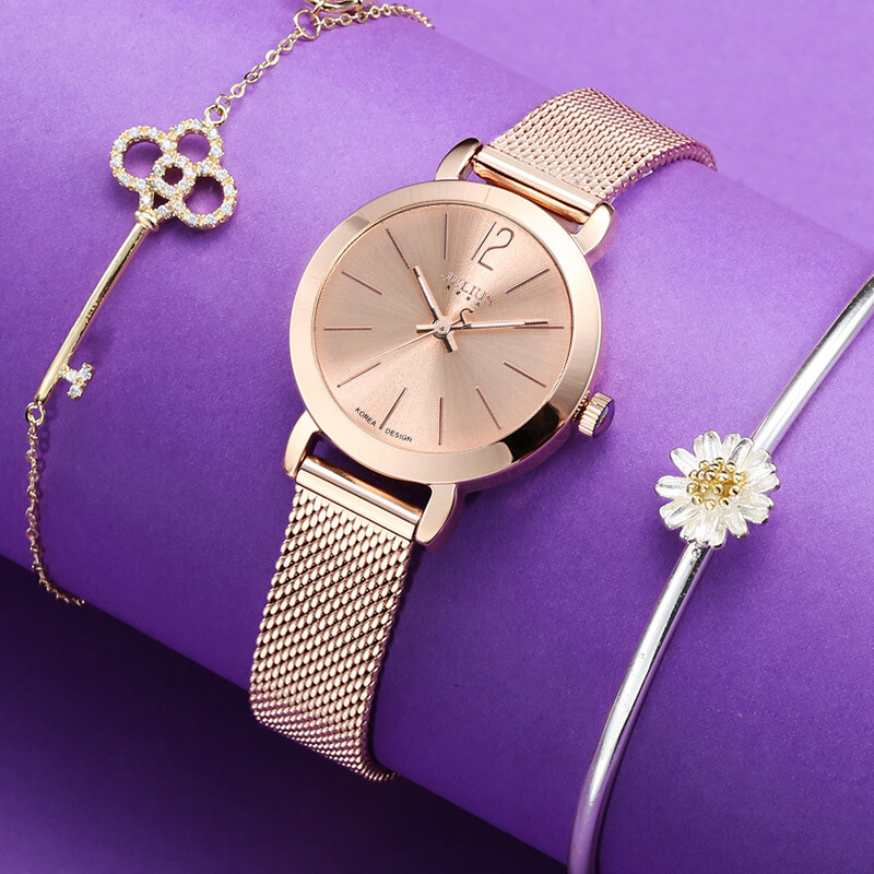 Julius watch fashion series metal mesh belt tempered glass mirror waterproof quartz women's watch rose gold ja-728d