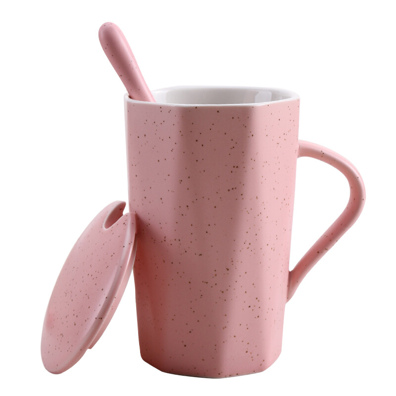 Bethus ceramic mug with lid and spoon ceramic cup creative coffee cup set milk cup diamond coffee cup couple cup large capacity tea cup ceramic Pink
