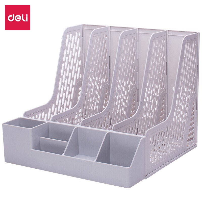 Deli 78981 thickened quadruple file frame with pen holder / file basket / file bar / file rack (gray)