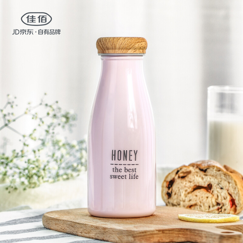 Jiabai 350ml milk bottle type wood grain cover stainless steel heat preservation cup cooling cup car cup water cup Pink