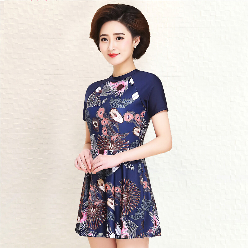 Suitable skin middle-aged and elderly swimsuit, female mother's hot spring conservative one-piece skirt, flat corner covering the belly, showing thin, large swimsuit, navy blue feather L