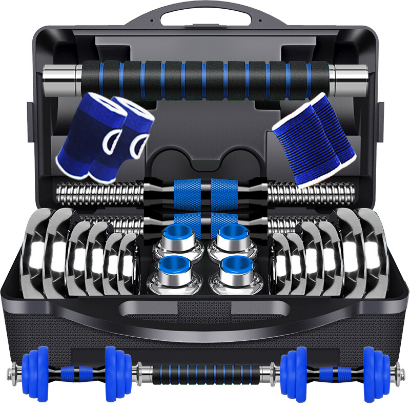 Chengyue dumbbell barbell 15kg (7.5kg * 2) upgraded blue and white electroplating men's and women's sports fitness training equipment set, free hand guard + wrist guard + rubber sleeve + 35cm connector cy-166