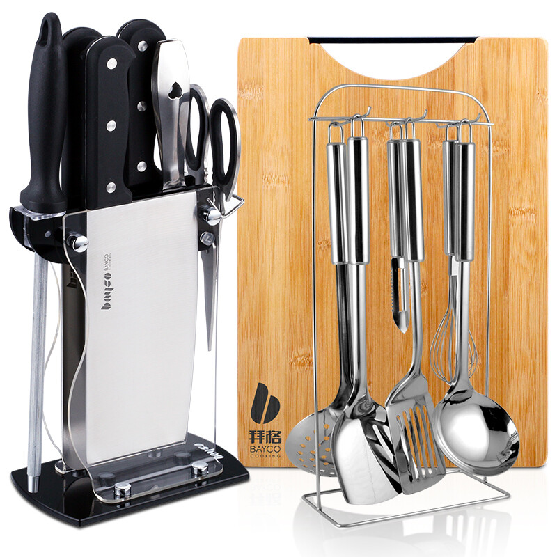 Baige bayco cutter kitchenware set knife stainless steel kitchen knife spoon cutting board assembly 15 piece set cjtz-938