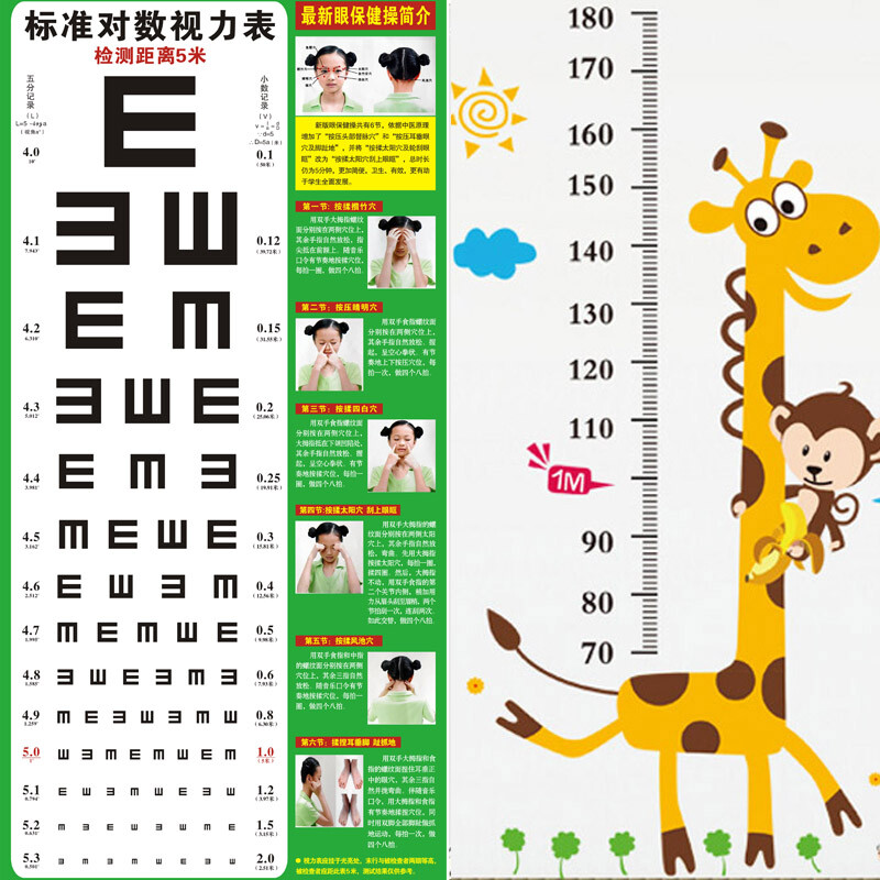 Green reed children's height paste standard eyesight chart 2-piece set of decorative cartoon wall stickers can be removed, and 2 free children's room wall stickers can be removed