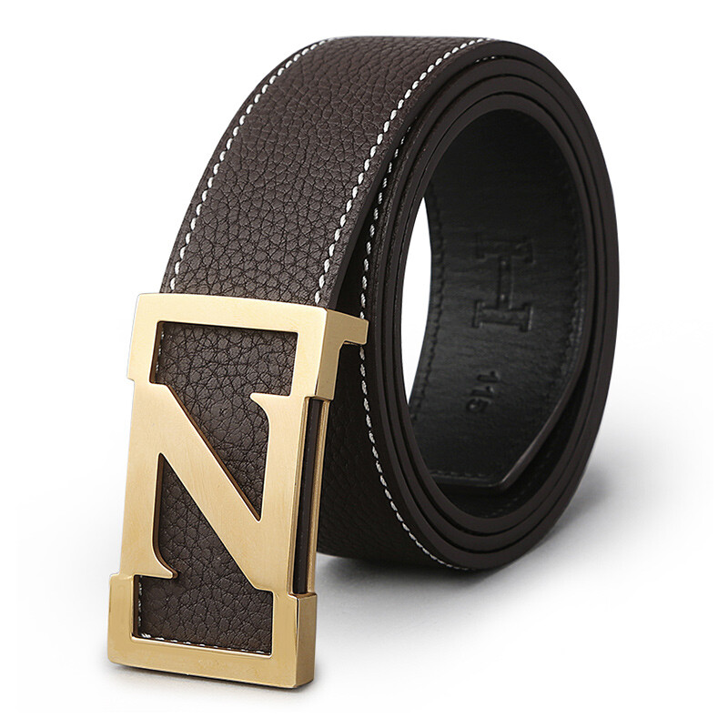 5. V. Brown fashion men's top layer cowhide belt stainless steel letter inside plate buckle men's belt gift box coffee z115cm