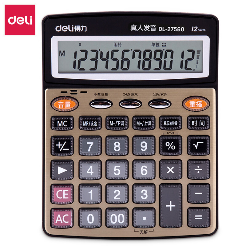 Deli large screen golden panel voice calculator 12 bit display real person voice computer 27560