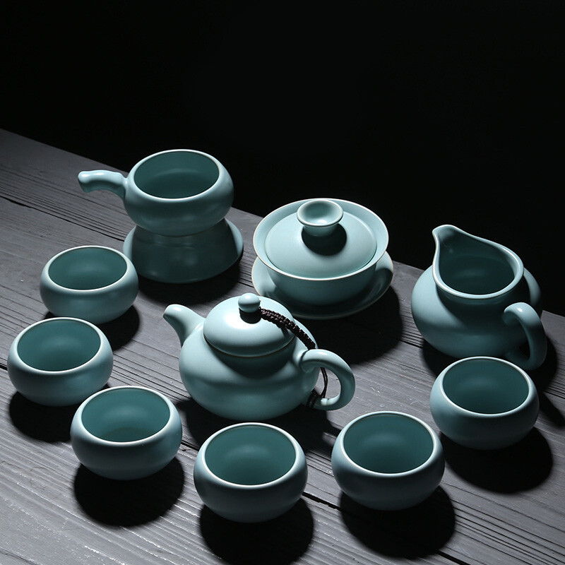 Su's ceramic Ru kiln tea set set high-quality beauty teapot covered bowl complete set of Kung Fu tea set open piece can raise gold thread with gift box, one pot, one cover bowl, one tea sea and one tea drain group of six cups
