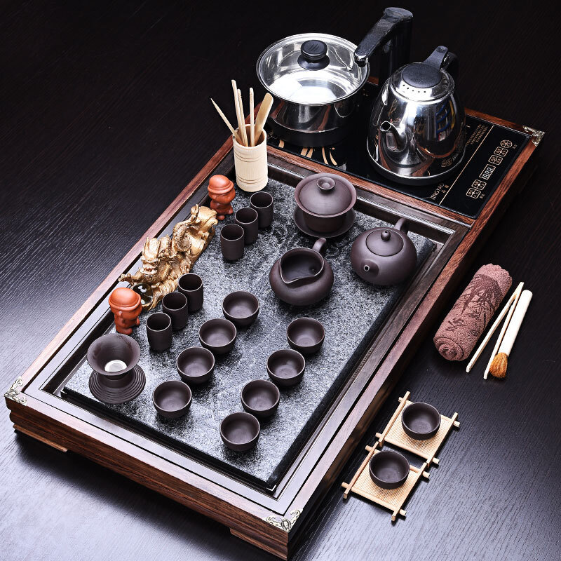 Haofeng complete set of purple sand tea set set, household solid wood tea tray, tea sea, tea cup, teapot and tea table are equipped with automatic water feeding four in one induction cooker [heyday spring and autumn + purple sand + electrical appliances]