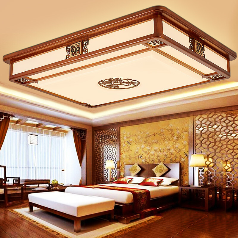 NVC Chinese ceiling lamp living room lamp LED lamp simple wood art lamp antique solid wood sheepskin lamp rectangular three color controllable 70W