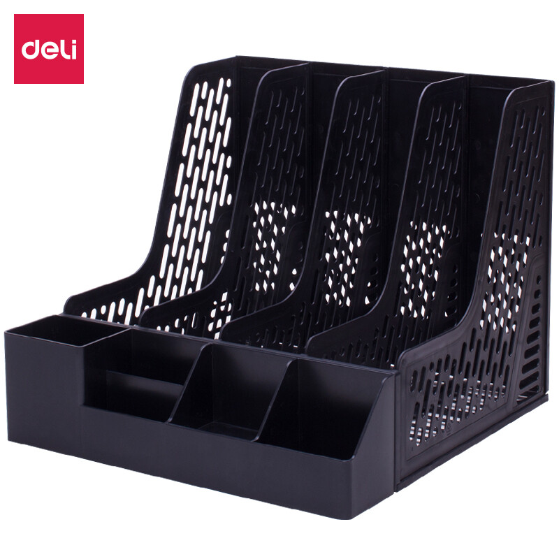 Deli 78981 thickened quadruple file frame with pen holder / file basket / file bar / file rack (black)