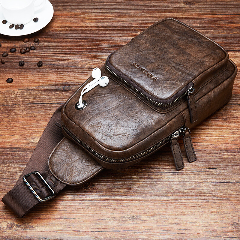 LAORENTOU men's chest bag leisure sports messenger bag retro vertical single shoulder bag men's waist bag 815j050l1b brown with earphone hole
