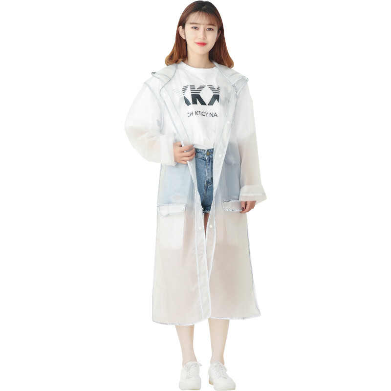 Jiesheng single raincoat male and female students outdoor hiking with hat brim waterproof poncho non disposable adult with reflective strip fashion transparent poncho white L