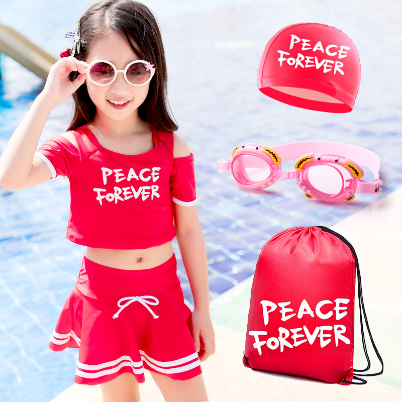 Youyou children's swimsuit girls split skirt with sleeves conservative middle-aged children's Girl Korean baby swimsuit red 37241 2XL (120-130cm)
