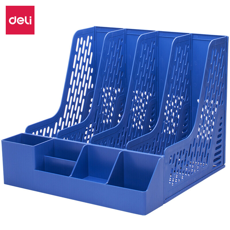 Deli 78981 thickened quadruple file frame with pen holder / file basket / file bar / file rack (blue)