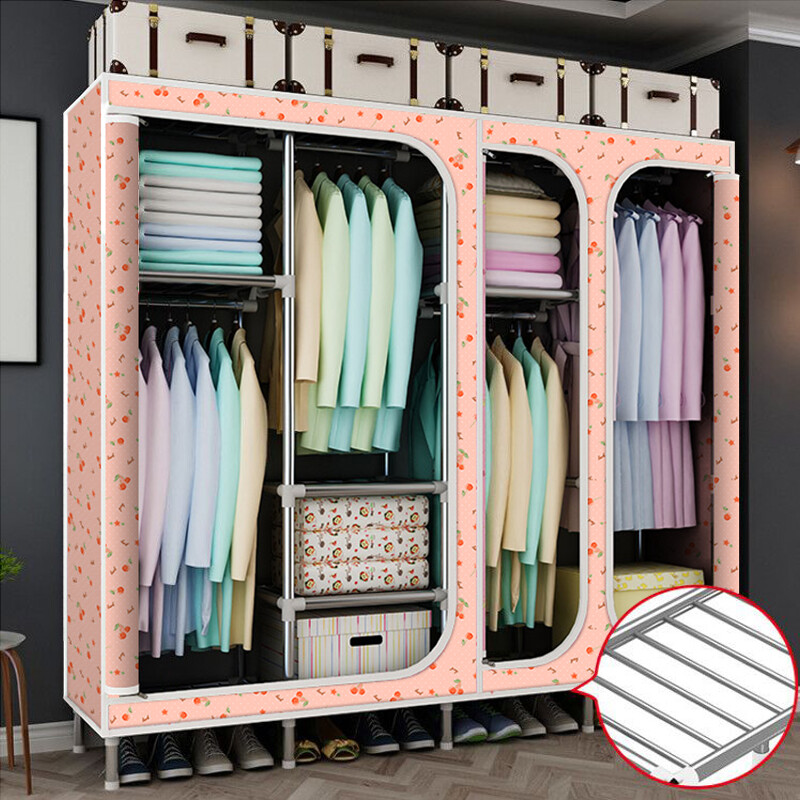 Wangjiaxing simple clothes cabinet 25mm steel pipe thickened reinforced steel frame plastic cloth art double storage wardrobe is not solid wood light powder cherry