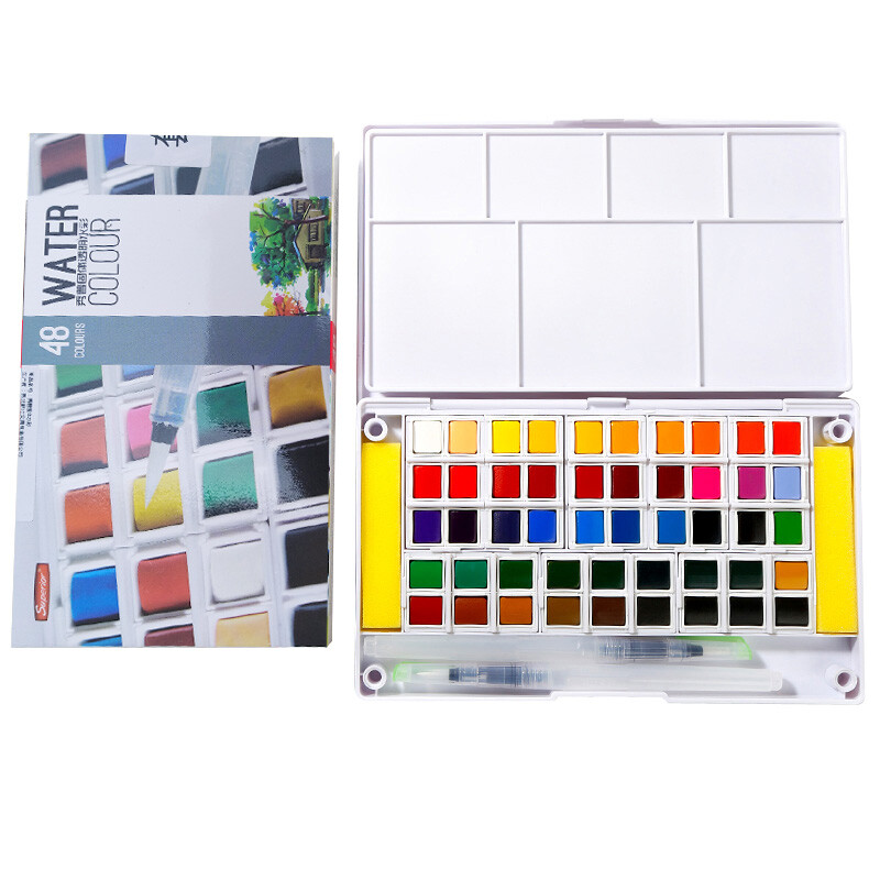 Superior solid watercolor pigment set 48 color student design hand drawn sub packaging tool Transparent Watercolor pigment set sc48