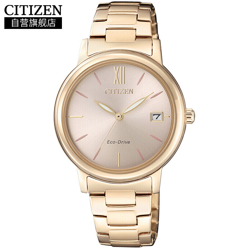 Citizen Watch photokinetic stainless steel plated rose gold band date women's watch fe6093-87x