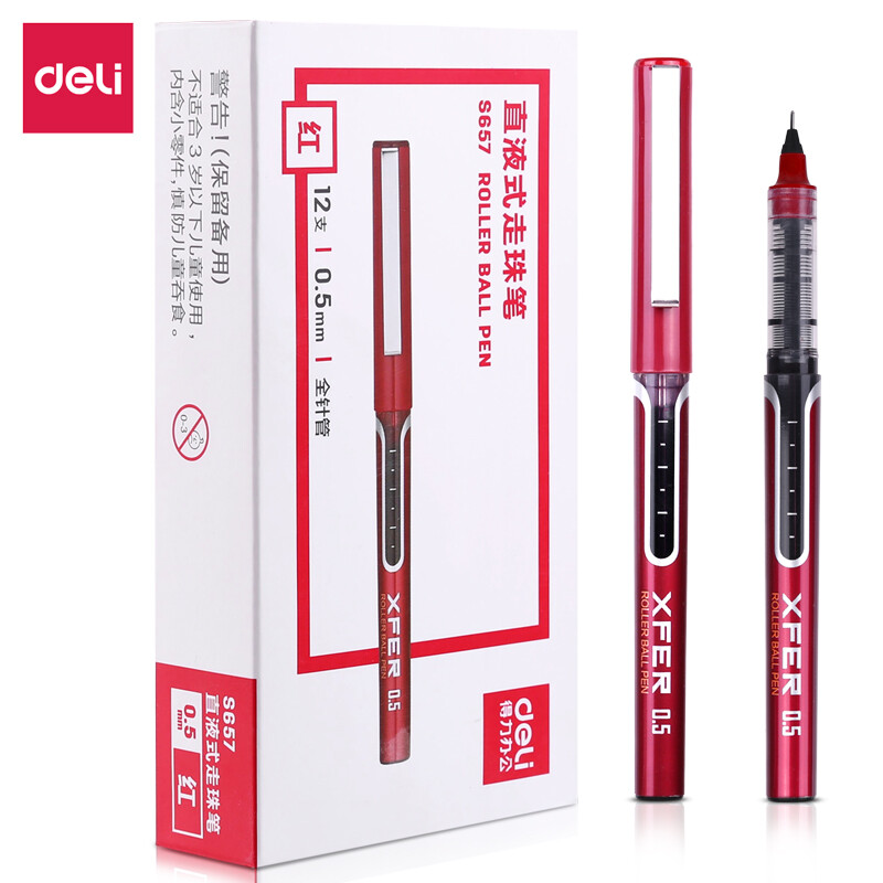 Deli 0.5mm straight liquid full needle walking ball signing pen business office student neutral pen conference pen red 12 pieces / box s657