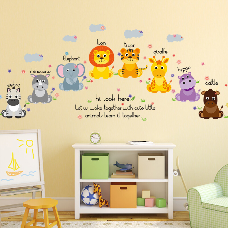 Ink bucket Fish Wall Decal animal English row sitting 50 * 70cm 7574 baby learning early education training class English words REMOVABLE DECAL children's room bedroom door and window decoration