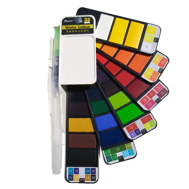Superior solid watercolor pigment set 33 color student design hand drawn portable packaging tool Transparent Watercolor pigment set sc33p